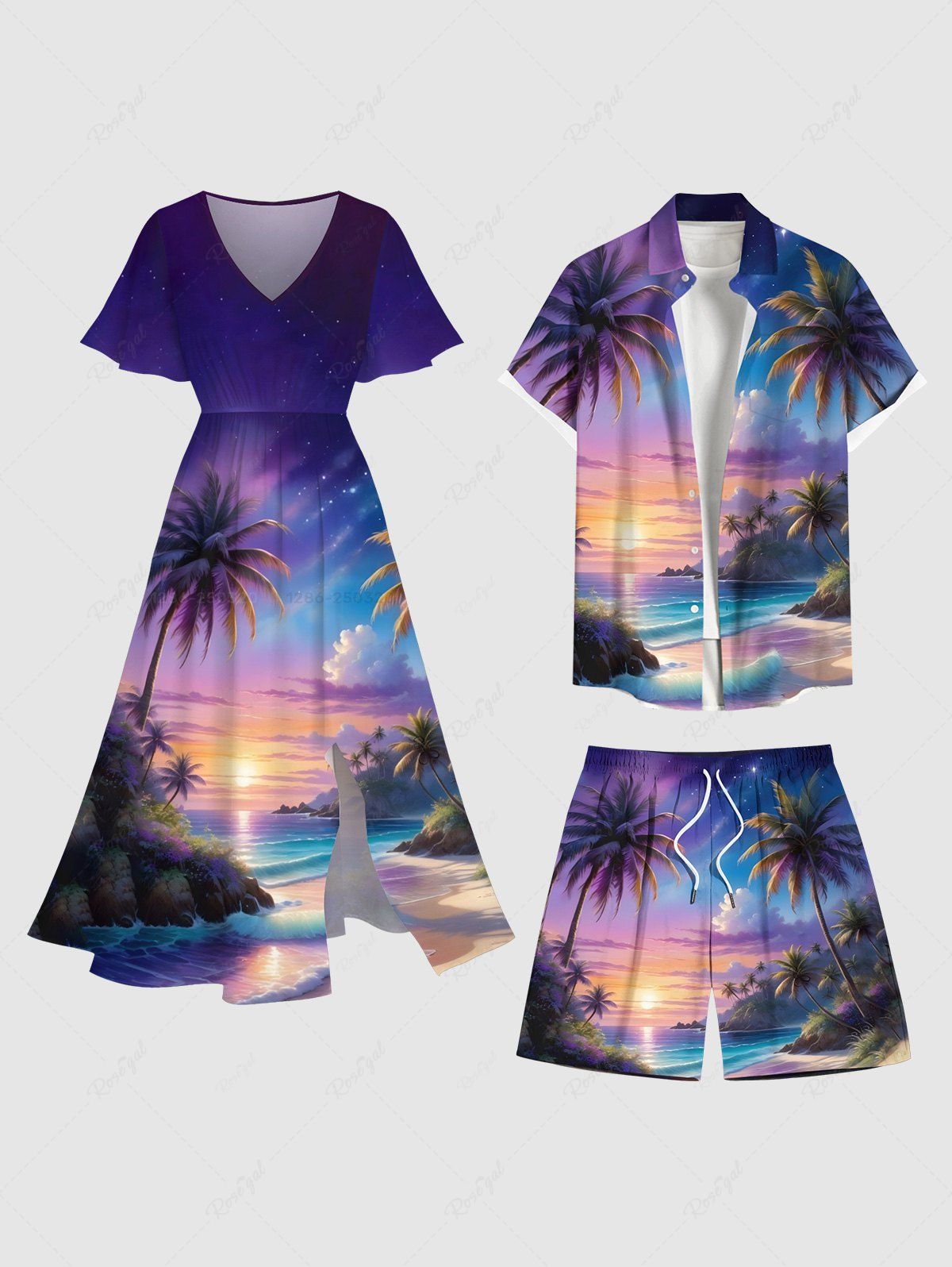 Affordable Coconut Tree Ombre Colorful Sky Sea Print Plus Size Matching Hawaii Beach Outfit For Couples  