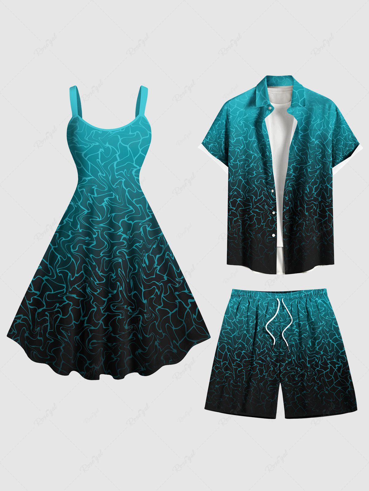 Latest Ombre Colorblock Water Ripples Print Plus Size Matching Hawaii Beach Outfit For Couples  