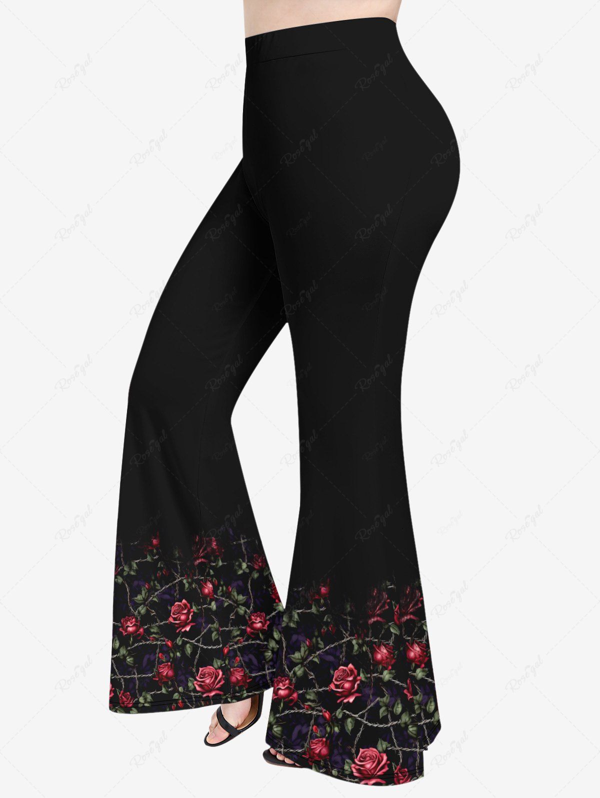 Chic Plus Size Rose Flower Rope Net Print Flare Pants  