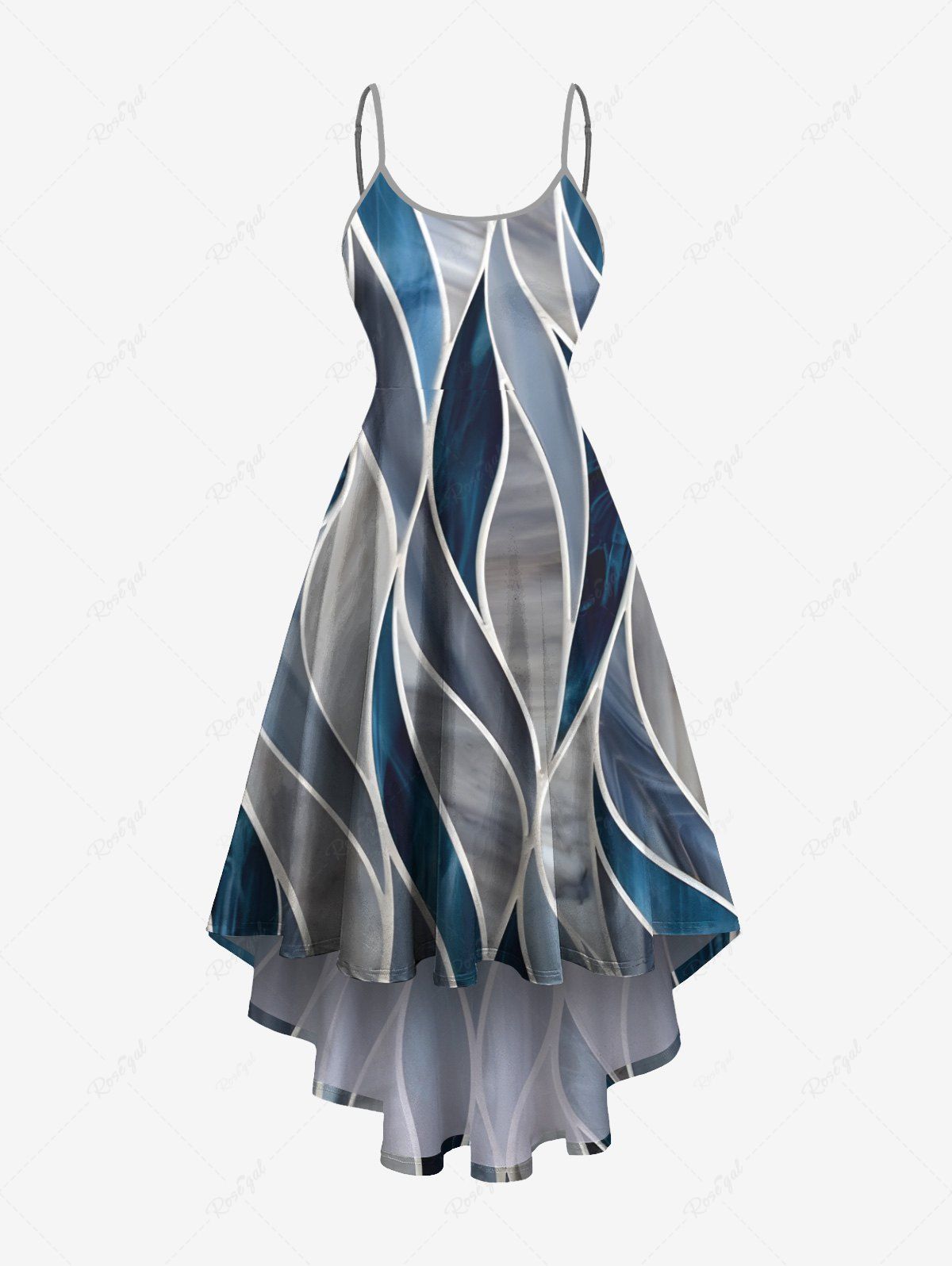 Hot Plus Size Geometric Patterns Colorblock Print High Low Hawaii Cami Dress  