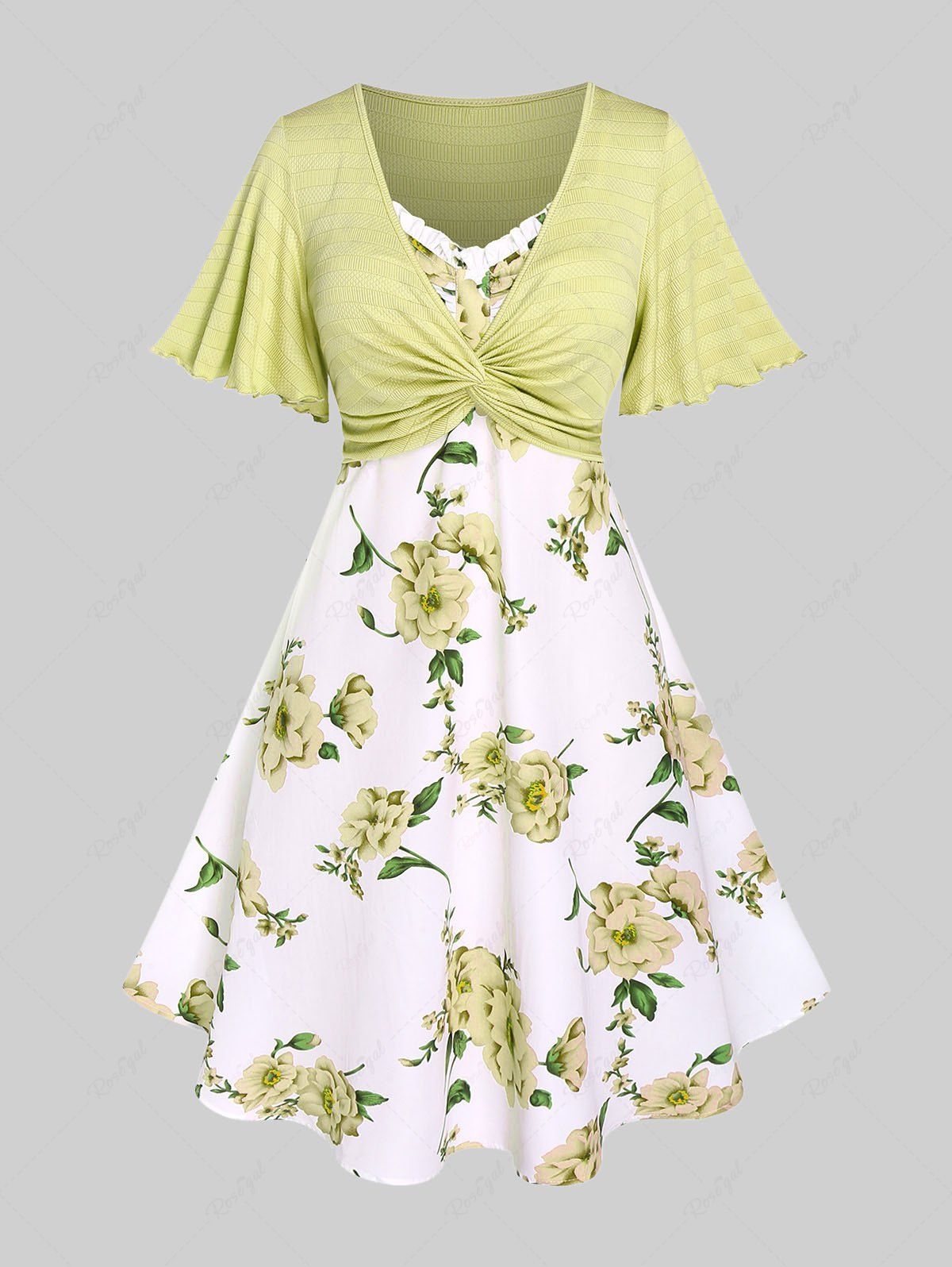 Robe style cottagecore grande taille avec haut court plongeant torsadé et bretelles spaghetti à imprimé floral 3D Jaune 1X | US 14-16