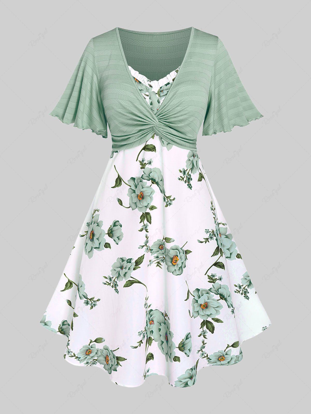 Buy Plus Size Twisted Plunging Crop Top and 3D Flower Print Spaghetti Strap Cottagecore Dress  