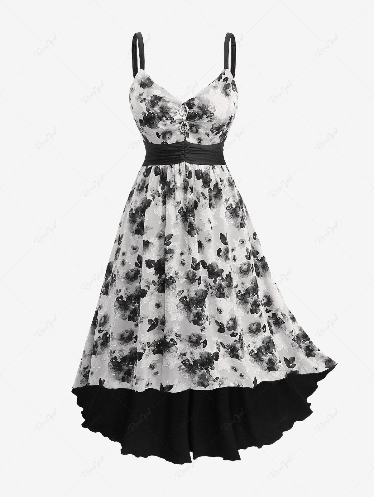 Fancy Plus Size Jacquard Cut Flower Chain Decor Ruched Asymmetric High Low Dress  