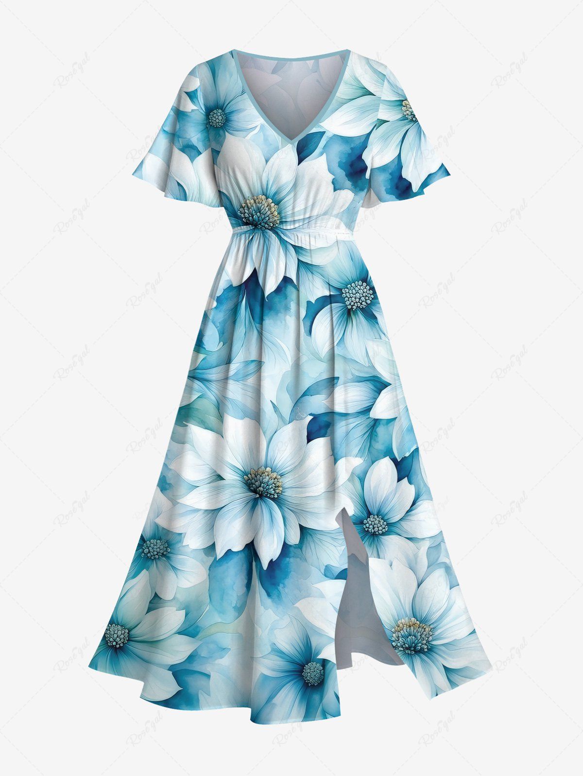Chic Plus Size Flowers Ombre Print Split Hawaii Midi Dress  