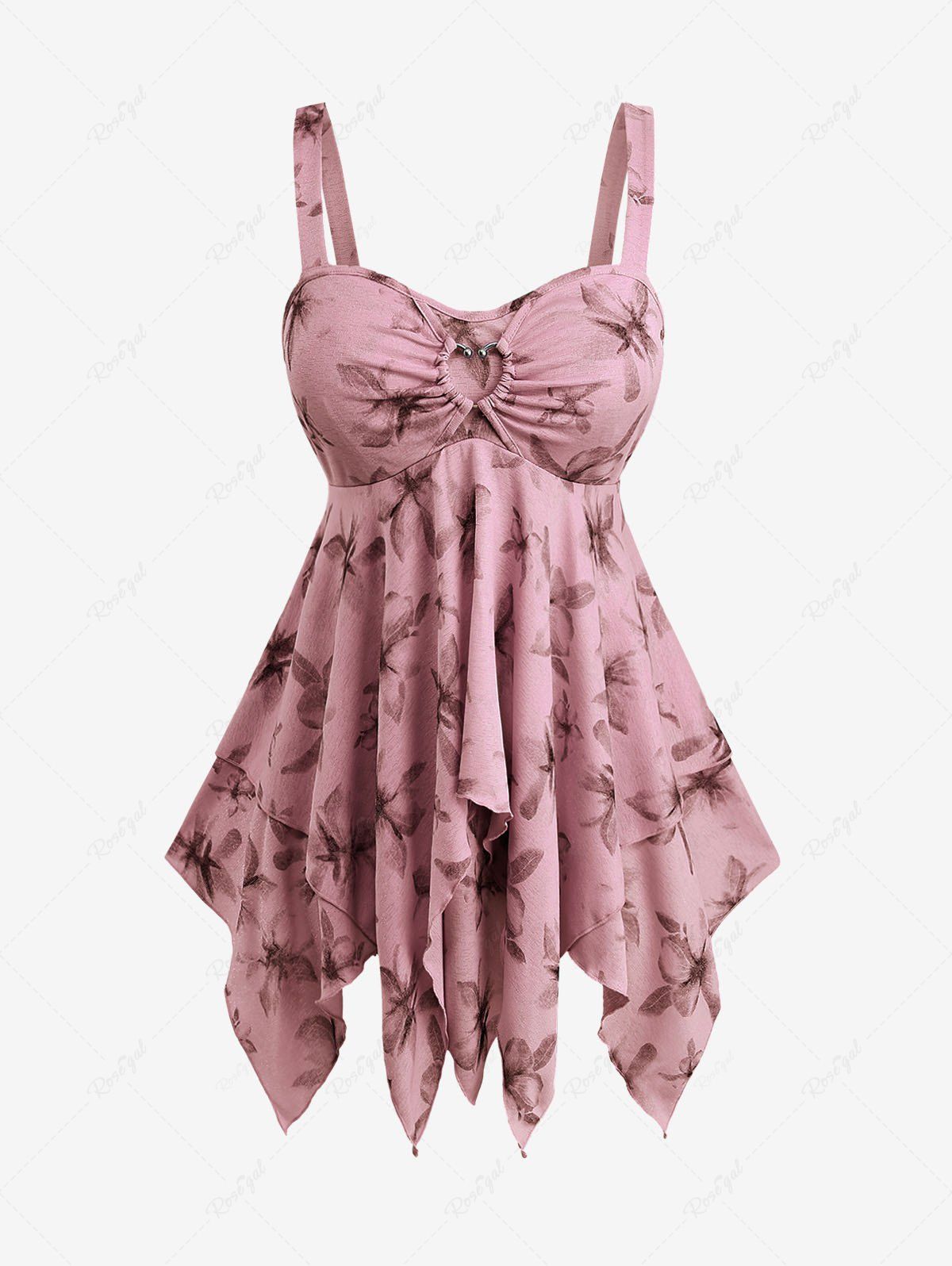 Hot Plus Size Floral Print Heart Buckle Layered Handkerchief Asymmetric Tank Top  