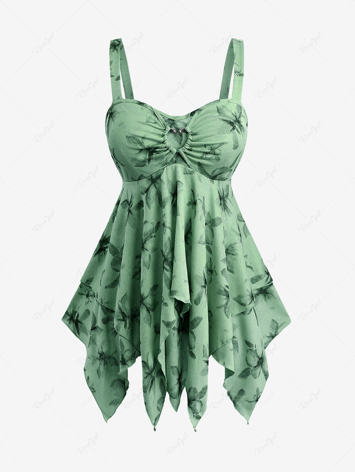 Fashion Plus Size Floral Print Heart Buckle Layered Handkerchief Asymmetric Tank Top  