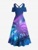 Maxi Robe Hawaïen Ombrée Croisé Palmier Cocotier Imprimés de Grande Taille - Bleu 3X