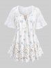Floral Print Laser Cut Scalloped Heart Crochet Sleeves Top and High Waisted Leggings Plus Size Outfit -  