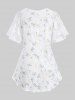 Floral Print Laser Cut Scalloped Heart Crochet Sleeves Top and High Waisted Leggings Plus Size Outfit -  