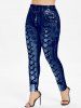 Floral Print Laser Cut Scalloped Heart Crochet Sleeves Top and High Waisted Leggings Plus Size Outfit -  