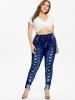 Floral Print Laser Cut Scalloped Heart Crochet Sleeves Top and High Waisted Leggings Plus Size Outfit -  