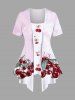 Cherry Leaf Bowknot Print Patchwork Ombre 2 in 1 Women T-shirt and Flare Pants Plus Size Matching Set -  