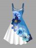 Robe Débardeur Trapèze Ombrée Fleurie Peinture D'Encre Imprimée de Grande Taille - Bleu L