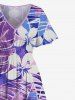 Plus Size Tropical Leaf Flowers Print Split Hawaii Midi Dress -  