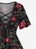 Plus Size Rose Flower Rope Net Print Lattice Crisscross T-shirt -  