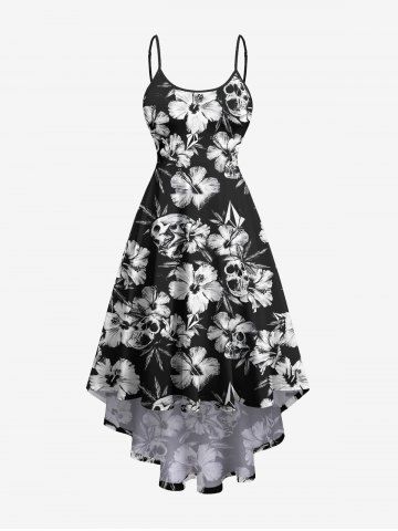 Plus Size Tropical Flower Skulls Print High Low Hawaii Cami Dress - BLACK - L