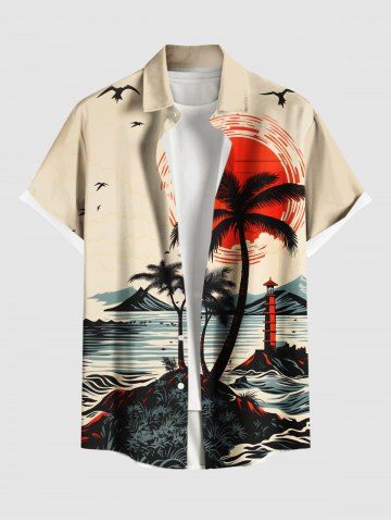 Plus Size Coconut Tree Sun Bird Seascape Print Buttons Pocket Hawaii Shirt For Men - BEIGE - 5XL