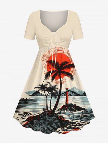 Robe Hawaïen Evasée Arbre Noix de Coco et Paysage Imprimés de Grande Taille - BEIGE - 6X