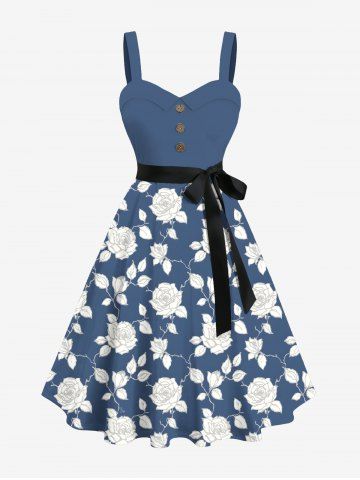 Plus Size Floral Leaves Branch Two Tone Print Hawaii Button A Line Tank Dress with Removable Belt - BLUE - M