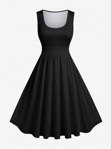 Plus Size Vintage Solid Swing A Line Dress - BLACK - S