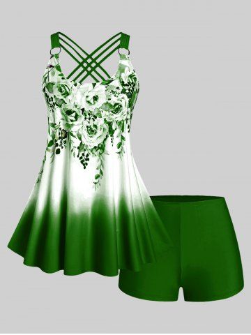 Plus Size & Curve Ombre Color Floral Print Crisscross Modest Tankini Swimsuit - TURQUOISE - 2X