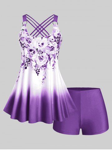 Plus Size & Curve Ombre Color Floral Print Crisscross Modest Tankini Swimsuit - MULTI-C - L