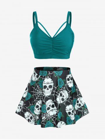 Plus Size Gothic Rose Skulls Printed Ruched Padded Tankini Set Swimsuit - GREEN - 4X | US 26-28