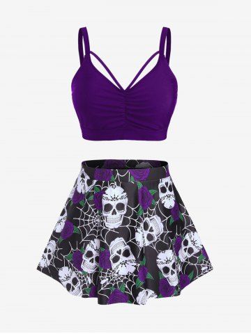Plus Size Gothic Rose Skulls Printed Ruched Padded Tankini Set Swimsuit - CONCORD - 2X | US 18-20