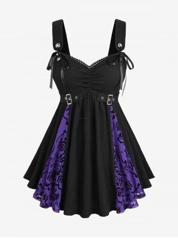 Plus Size Floral Mesh Flocking Patchwork Textured Ruched Grommet Buckle Tank Top - PURPLE - 4X | US 26-28