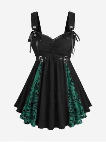 Plus Size Gothic Floral Mesh Flocking Patchwork Textured Ruched Grommet Buckle Tank Top - GREEN - 4X | US 26-28