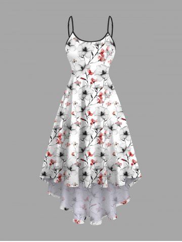 Plus Size Flowers Branches Print High Low Hawaii Cami Dress - WHITE - 2X
