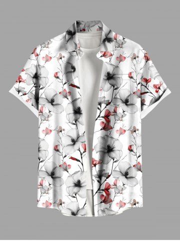 Plus Size Flowers Branches Print Buttons Pocket Hawaii Shirt For Men - WHITE - 2XL