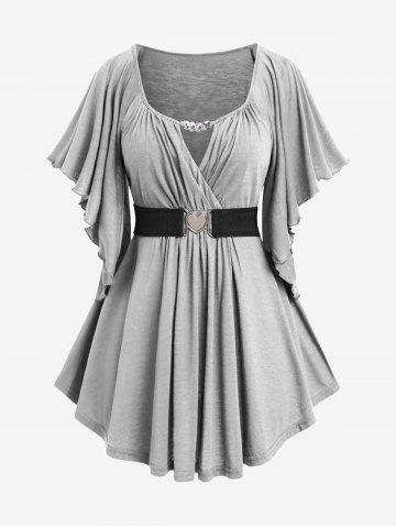 Haut cache-cœur à empiècements en chaîne et ceinture, manches papillon, grande taille - LIGHT GRAY - 4X | US 26-28