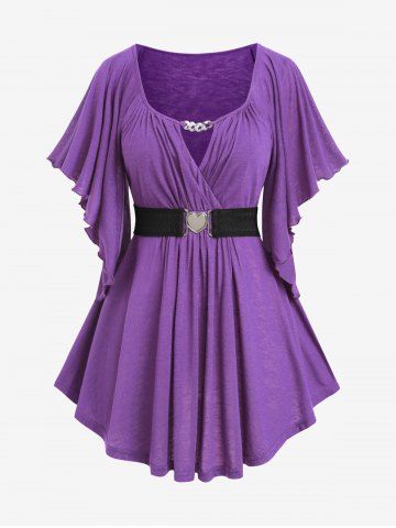 Haut cache-cœur à empiècements en chaîne et ceinture, manches papillon, grande taille - PURPLE - L | US 12