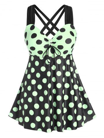 Plus Size & Curve Cinched Polka Dot Crisscross Tankini Swimsuit - LIGHT GREEN - 2X
