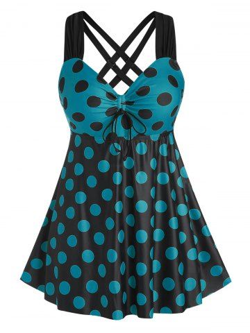 Plus Size & Curve Cinched Polka Dot Crisscross Tankini Swimsuit - DARK SEA GREEN - L