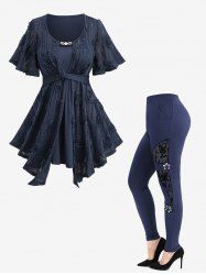 Heart Chain Panel Rose Appliques Asymmetrical Top and Flocking Mesh Leggings Plus Size Outfit -  