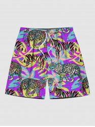 Plus Size Leopard Zebra Tropical Colorful Leaf Print Hawaii Beach Shorts For Men -  