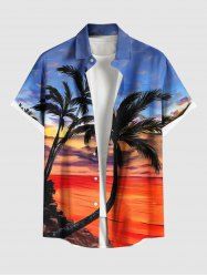 Plus Size Coconut Tree Ombre Sky Sea Print Buttons Pocket Hawaii Shirt For Men -  