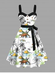 Plus Size Colorful Coconut Tree Sea Cloud Dinosaur Print Hawaii A Line Tank Dress with Removable Belt - Blanc M