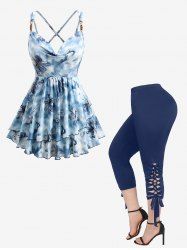 Gilding Ombre Flower Print Crisscross Top and High Waisted Lace Up Cropped Leggings Plus Size Outfit -  
