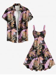 Tropical Leaf Flower Leopard Print Plus Size Matching Hawaii Beach Outfit For Couples -  