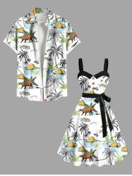 Colorful Coconut Tree Sea Cloud Dinosaur Print Plus Size Matching Hawaii Beach Outfit For Couples -  