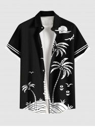 Chemise 3D Arbre Noix de Coco et Oiseau Imprimés avec Poche de Grande Taille pour Homme - Noir 4XL