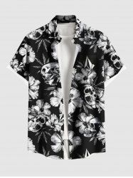 Plus Size Tropical Flower Skulls Print Buttons Pocket Hawaii Shirt For Men -  