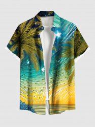 Plus Size Coconut Tree Seascape Beach Oil Painting Print Buttons Pocket Hawaii Shirt For Men -  