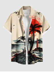 Plus Size Coconut Tree Sun Bird Seascape Print Buttons Pocket Hawaii Shirt For Men -  