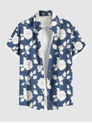 Plus Size Floral Leaves Branch Two Tone Print Hawaii Button Pocket Shirt For Men -  