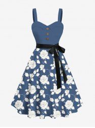 Plus Size Floral Leaves Branch Two Tone Print Hawaii Button A Line Tank Dress with Removable Belt -  