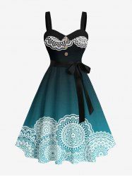 Plus Size Vintage Floral Ethnic Print Hawaii Ombre Button Turn-down A Line Tank Dress -  